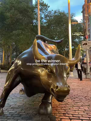 The cover image showcases the bronze Charging Bull statue in New York City, a symbol of financial optimism. The bull is positioned on a brick-paved area, with a blurred background of city buildings, trees, and streetlights suggesting an evening or twilight setting. Text overlays are present, with a motivational message.