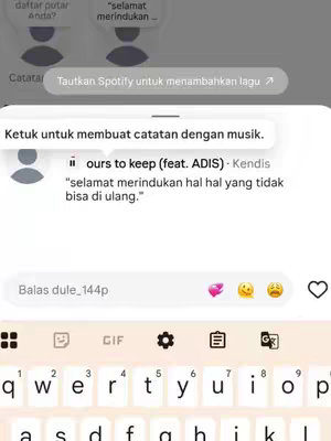 The image is a screenshot of a conversation interface with text messages and a music note. A keyboard at the bottom suggests the user is typing.