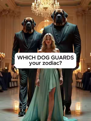 A woman in a flowing green dress stands between two large dog-headed figures wearing black suits, set in an opulent room with a chandelier overhead.