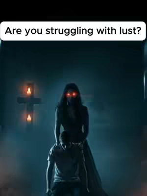 A dark, ominous image featuring a silhouetted woman with glowing red eyes looming over a man who is kneeling. In the background, a cross is illuminated by candles. The overall tone is dark and suggestive.