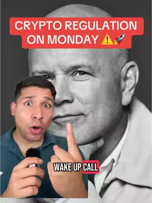 The cover image shows a man in a blue short-sleeved shirt with an emphatic expression and a pointing finger, and in the background is an out-of-focus, large black and white image of what appears to be an older gentleman. A red rectangle with white text indicating 'CRYPTO REGULATION ON MONDAY' sits above the images.