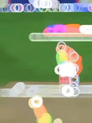 The image is abstract, featuring a primarily green background with overlayed, blurred shapes. These shapes appear to be a combination of what might be players in red and green playing some sort of sport. The colors include white, yellow, orange, pink and blue.