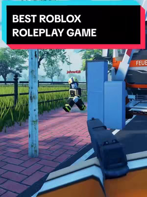 A screenshot from a Roblox roleplay game. At the top, text in a black rectangle against a background. In the middle, a Roblox character in a firefighter uniform walks down a sidewalk. In the foreground, a first-person perspective of holding a gun.