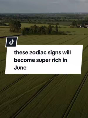 An aerial view of lush green fields, likely farmland, with a blue sky. Overlayed on the image is a white box with the text: 'these zodiac signs will become super rich in June'. A black and white TikTok logo is visible on the top left corner.