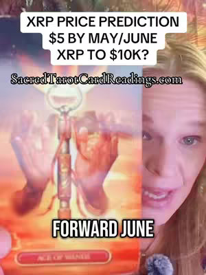 A woman is shown speaking directly to the camera. Overlay text states 'XRP PRICE PREDICTION, $5 BY MAY/JUNE, XRP TO $10K?'. Behind her is a tarot card with an illustrated key.
