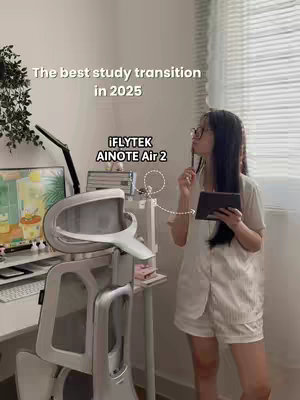 A young woman in a white shorts set stands in a well-lit room near a desk with a computer, an AI device, and a window in the background. Text overlays the image, promoting a study aid. The overall composition is clean and bright.