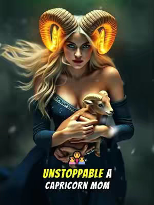A digital artwork featuring a woman with blond hair styled with large, curved, glowing horns. She is holding a small lamb, wearing a dark blue dress. The background is a blurred mix of dark and light colors, with star-like effects. Text overlay reads, "UNSTOPPABLE A CAPRICORN MOM".