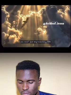 The cover image shows a split view. The top portion features a stylized depiction of clouds, with sunlight bursting through and an implied figure within. Text saying '@Brideof Jesus' is overlaid on the top right. Below, a dark-skinned man is seen from the chest up, looking down with a serious expression.
