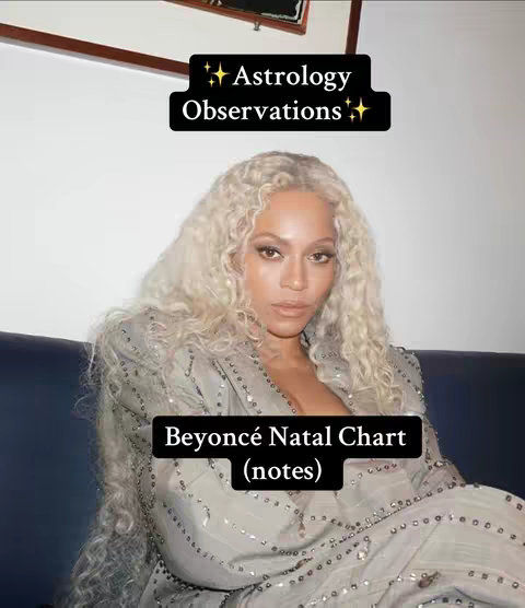 The cover image features a woman with blonde curly hair, wearing a silver sequined jacket, in a medium shot. Overlay text elements include 'Astrology Observations' in a black box at the top, and 'Beyoncé Natal Chart (notes)' in another black box at the bottom.
