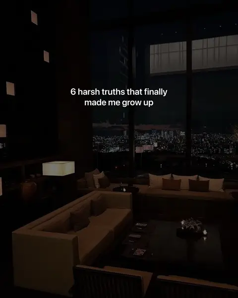 A dimly lit interior shot of a luxurious room at night. The focus is on a large window offering a view of a brightly lit cityscape in the background. The foreground features elegant, low-profile seating arrangements. Text overlayed on the image reads a hook.