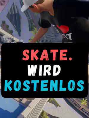 The image shows a person near the top of the frame, shot from above, appearing to be looking down at a cityscape. A black rectangular overlay is placed towards the bottom of the frame that displays in a colorful font the text "SKATE. WIRD KOSTENLOS".