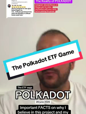 A man is featured in a selfie-style video, with text overlays. The image is dominated by the man's face, he is looking at the camera. Above the center section is a text overlay with the title 'The Polkadot ETF Game'. Below, the text 'Polkadot' is highlighted, emphasizing the video's focus. The background is blurred, drawing attention to the man and the text.