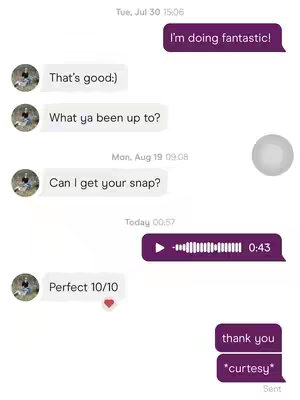 The image shows a screenshot of a messaging conversation. Bubbles contain text such as "I'm doing fantastic!" and "Perfect 10/10". A voice memo icon is present, likely indicating a recorded message, alongside a timer. A heart emoji accompanies the "Perfect 10/10" message.