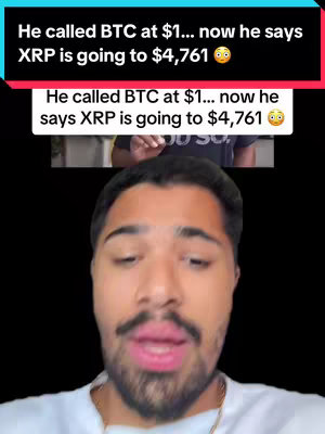 The image depicts a man in a selfie-style video. The man is centered in the frame, showing his face, with a black background. Above him, a text overlay in a black and red rectangular box announces the potential price of a cryptocurrency. Beneath this overlay, a second overlay mirrors the same text. The man has a neatly trimmed beard and mustache, and his lips are slightly parted. He appears to be speaking.