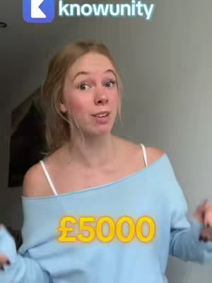 A young woman with blonde hair is centered, shown from the chest up. She is wearing a light blue off-the-shoulder top and a white strap under-shirt. A text overlay of "£5000" in a glowing yellow font is positioned in the lower middle of the frame. Above the subject's head, the Knowunity logo and text appear in white.
