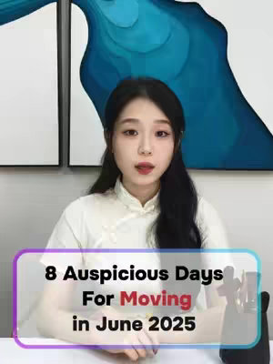 A woman faces the camera, framed from the chest up. She wears a white top with closed neckline, set against a backdrop of abstract wall art in blue and white. A graphic overlay in a rounded rectangle shape features text promoting an auspicious event.