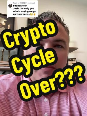 A man in a pink striped shirt looks directly at the camera. Overlaid on the image are text boxes with phrases in a yellow and black color scheme, asking about the state of the crypto cycle. A comment bubble in the top left corner starts a conversation on the subject.