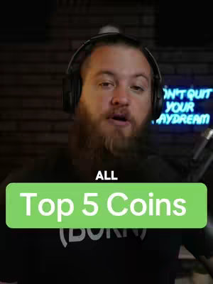 A man with a beard and headphones is in the center, with a green box overlay displaying the text 'Top 5 Coins'. The background suggests a dark room with brick walls, and the overall composition focuses on the speaker and the overlay.
