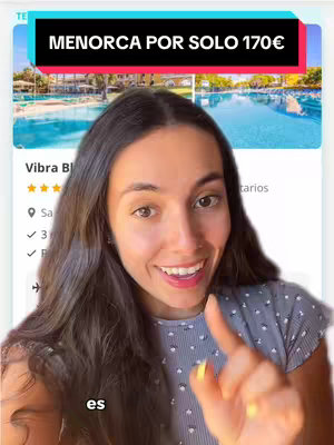 A woman with long dark hair and a smiling face is centered in the frame, pointing with her right index finger. Behind her, a partial screenshot is visible, displaying a hotel booking interface with the text 'Menorca por solo 170€'. Above her head, a banner confirms the 'Menorca' location.