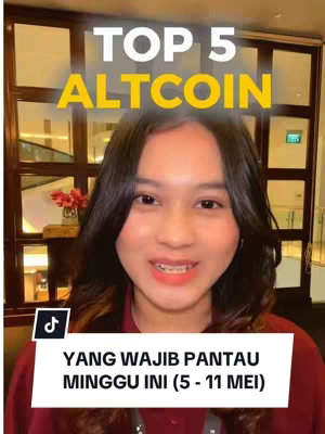 A young woman with dark hair and a smile is the focal point, set against a background that includes wooden paneling and what appears to be a glass door or window. Bold text overlays the image, emphasizing the words 'TOP 5 ALTCOIN'. A banner at the bottom features text in Indonesian, and a black TikTok logo.