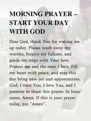 The cover image is a vertical graphic with a blurred, soft-focus background featuring indistinct figures. Overlayed on the foreground is a white, rectangular text block containing a morning prayer. The prayer's text is in a readable, simple font with a clear layout, centering the message effectively on the background.