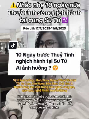 A selfie-style video cover features a woman with glasses, mid-shot, looking slightly to the side with a serious expression. The background is blurry, possibly an office or indoor setting. Overlay text in a clean, sans-serif font announces the topic with additional information about astrological events.
