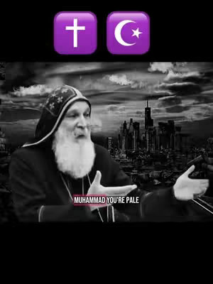 A black and white image features a man in religious garb speaking with his arms outstretched. Behind him is a city skyline and two emojis at the top: a purple cross and a purple crescent moon. Overlayed at the bottom is the text 'MUHAMMAD YOU'RE PALE'.