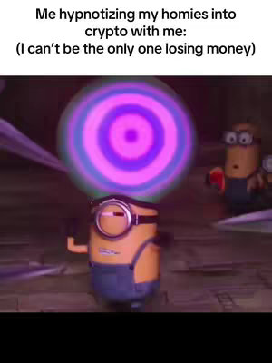 The cover image features a scene from the animated movie "Despicable Me." A yellow minion stands with its arms outstretched, holding a glowing, multi-colored swirl above its head which looks like a hypnosis device. To the right, another minion has a look of alarm. Text is overlaid at the top, describing the scene in the context of cryptocurrency trading.