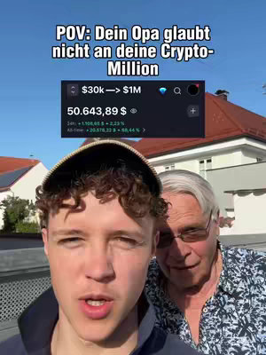 A selfie-style video cover image featuring a young man with curly hair and a backward baseball cap, standing in front of an older man with gray hair and glasses, with a clear blue sky and rooftops in the background. The young man is the focus, with overlaid text and a crypto-currency graph displayed.