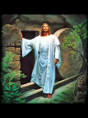 The cover image depicts Jesus exiting a stone tomb. He is wearing a white robe and has long brown hair, a beard, and a halo. The tomb door is open, and there is lush greenery and a large stone on the side. The overall tone is bright and hopeful.
