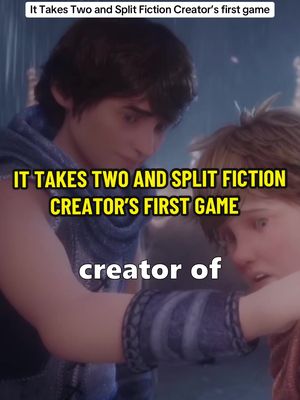 The cover image features a close-up shot of two characters from a video game. The text overlayed on the image reads "IT TAKES TWO AND SPLIT FICTION CREATOR'S FIRST GAME". The color palette is dominated by cool tones, with a soft blue background evoking a sense of mystery and anticipation.
