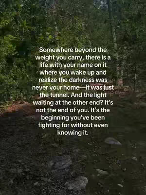 The image shows a forest scene with text overlayed. The forest is dense, with tall, green trees filling the frame. The ground is partially visible, with rocks and what appears to be a walking path partially visible. The text is centered, using a white font, which makes it easily readable. The overall tone is reflective and thought-provoking.