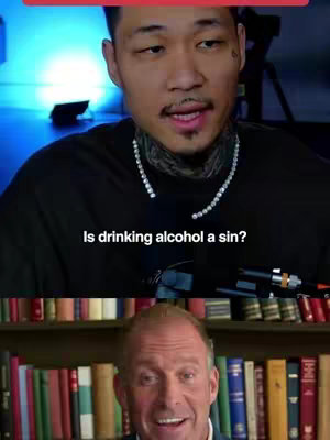 The image is a split screen. The top half features a young man with tattoos on his neck and a diamond necklace, speaking directly to the camera. Below him, is an older man in a suit, looking directly at the camera in what appears to be a library.