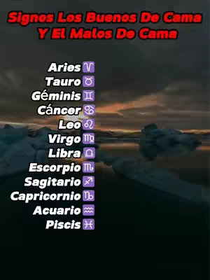 The cover image is a vertical graphic with a dark, textured background, possibly depicting a cloudy sky or ocean depths. Centered at the top, in bold, red and white text, it reads "Signos Los Buenos De Cama Y El Malos De Cama." Beneath, a list of astrological signs is displayed in white text on a gradient purple background. Each sign is paired with its symbol in a matching color. The visual composition is simple, with the text taking prominence against the dark backdrop.