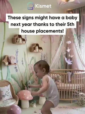 A young child, likely a baby, stands in a whimsical nursery setting. The room is decorated with a floral wallpaper, wooden cloud-shaped shelves, and mushroom-shaped decorative pieces. A crib with a canopy and a small chair are also visible. The overall composition has a soft, pastel color palette creating a gentle and inviting atmosphere.