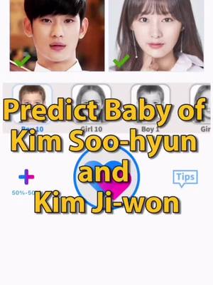 The cover image is a vertical collage. At the top are two photos of faces: on the left, Kim Soo-hyun with a green check mark, and on the right, Kim Ji-won with a green check mark. Below, there's a text overlay in a gradient yellow, reading "Predict Babies of Kim Soo-hyun and Kim Ji-won" in a bold font. Under that, there are three small baby face photos that represent the generated results the app provides. A circular graphic with a plus and a heart symbol is located in the bottom part of this image.