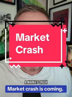 A man is shown from the chest up, with a red rectangle over his face, with black text that reads 'Market Crash'. Below this is more text in a blue box. The background is a room with framed art.