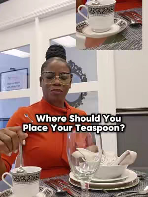 The cover image features a woman in an orange top, wearing glasses, and holding a spoon, likely demonstrating a tea-time etiquette. In the background, a tea cup with a saucer and a smaller image of a tea setting are visible. The text overlay reads, "Where Should You Place Your Teaspoon?"