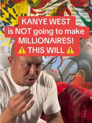 A man with short dark hair is looking at the camera with a surprised or concerned expression. Overlaid on the image is a large red banner in which is white text. The background is a blurred image of art and a red couch.