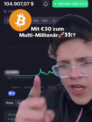 A young man with glasses is pointing at a crypto currency chart screen, with overlaid text and bitcoin logo.