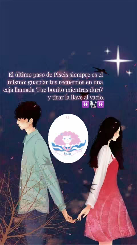 An artistic illustration featuring a couple standing close, holding hands, against a dark starry background. Text overlayed in the top left corner hints at the themes of memories and letting go. A circular emblem featuring a stylized face and the word 'Piscis'. Colors are muted, with a palette of deep blues, reds, and soft pastels.