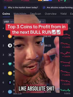 A man is shown in a selfie-style video with a background of a trading platform interface with charts and graphs. A red rectangular banner covers the top portion of the screen, prominently displaying the text 'Top 3 Coins to Profit from in the next BULL RUN'. The man is gesturing and making a hand signs, and below him, there is a text overlay saying 'LIKE ABSOLUTE SHIT'. The video has a dynamic and potentially volatile tone, hinting at excitement and financial discussion.