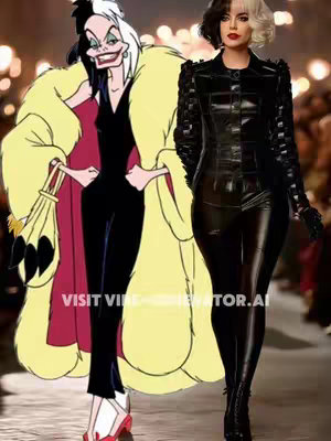 The image is a split composition that juxtaposes a cartoon character with a real-life depiction. On the left, there's a drawing of Cruella from Disney's 101 Dalmatians. She is depicted with her signature two-toned hair, a black dress, and a large, yellow fur coat. She holds a feathered cigarette holder. Next to her stands a woman in a similar outfit - a black leather body suit, also with Cruella's signature black and white hair, styled in a bob.