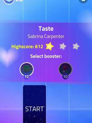 The cover image showcases a mobile game interface with a song title and artist info. The background transitions from light blue to a darker purple. The central text area contains the title 'Taste' by Sabrina Carpenter. Below that is the high score, indicated with a golden star and other interactive UI elements.