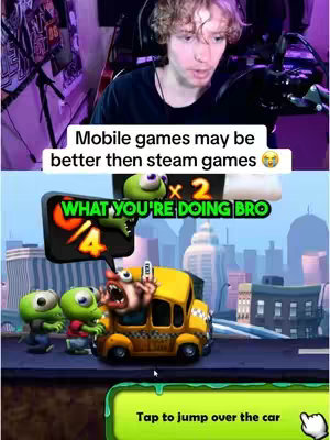 The cover image is a split screen, the top half shows a young man looking at the camera, the bottom half a cartoon game scene of what appears to be a zombie-themed mobile game. The game shows creatures and a school bus driving through a city.