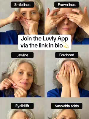 The image is a grid of four panels, each featuring a different pose of a woman demonstrating face yoga exercises. Text labels above each panel indicate the targeted area, and a central rectangular box contains the app call to action.