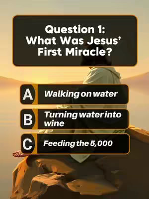 The cover image features a Bible quiz presented as a multiple-choice question. The background shows a serene landscape with a figure, likely representing Jesus, seated on a rock formation. The quiz question and answer options are displayed in rectangular boxes with a clean, readable layout.