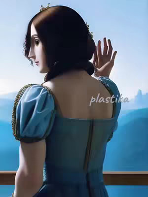 The image shows a woman standing near a balcony, looking back towards the viewer. She has fair skin, dark hair styled in a bun, and a golden crown atop her head. She wears a blue dress. The background shows a bright blue sky.