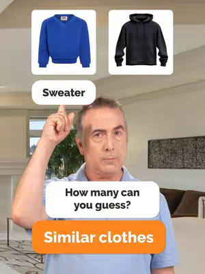 An image showing a man pointing and gesturing towards two pictures of clothing items and text boxes labeling the items below. The layout is a clean, indoor setting.