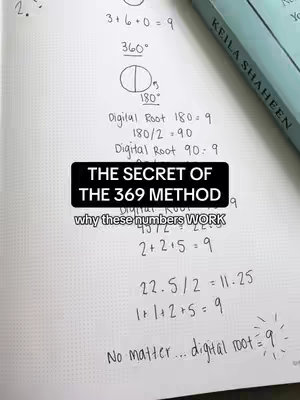 A notebook page filled with handwritten math calculations related to the numbers 3, 6, and 9, with a black overlay providing context. A book is partially visible in the top right corner.